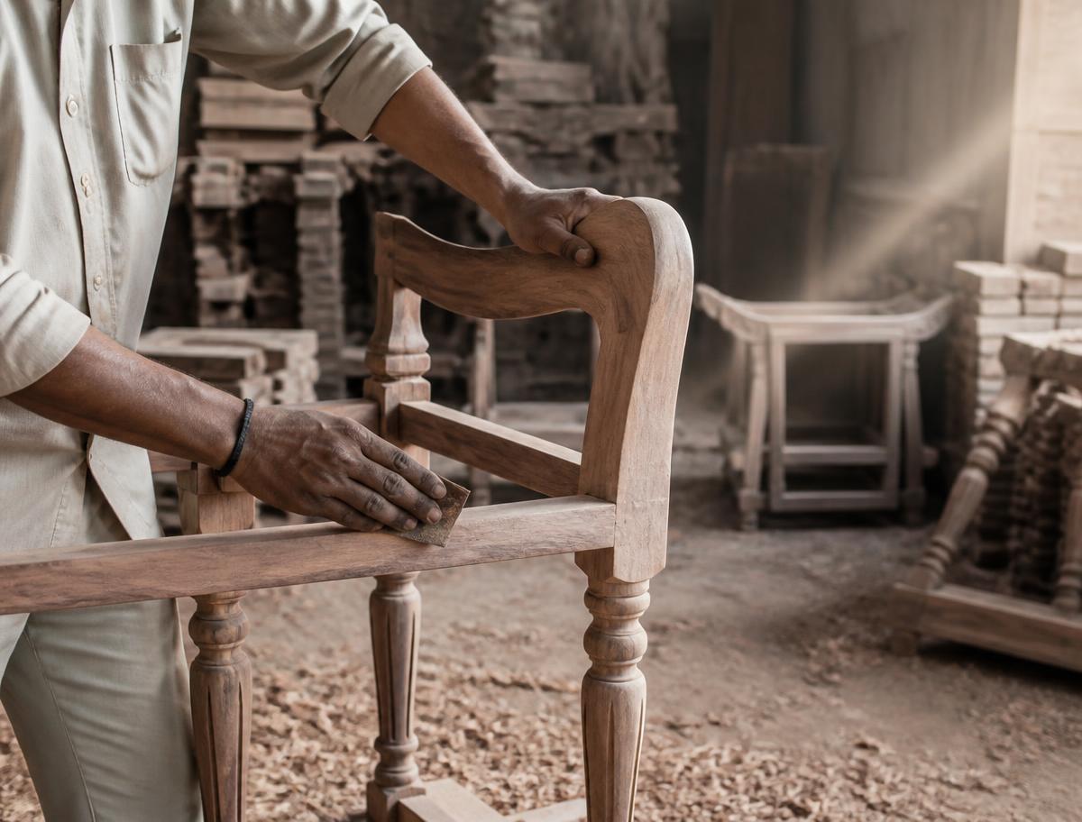 Artisan sanding a wooden chair frame in a Jodhpur workshop